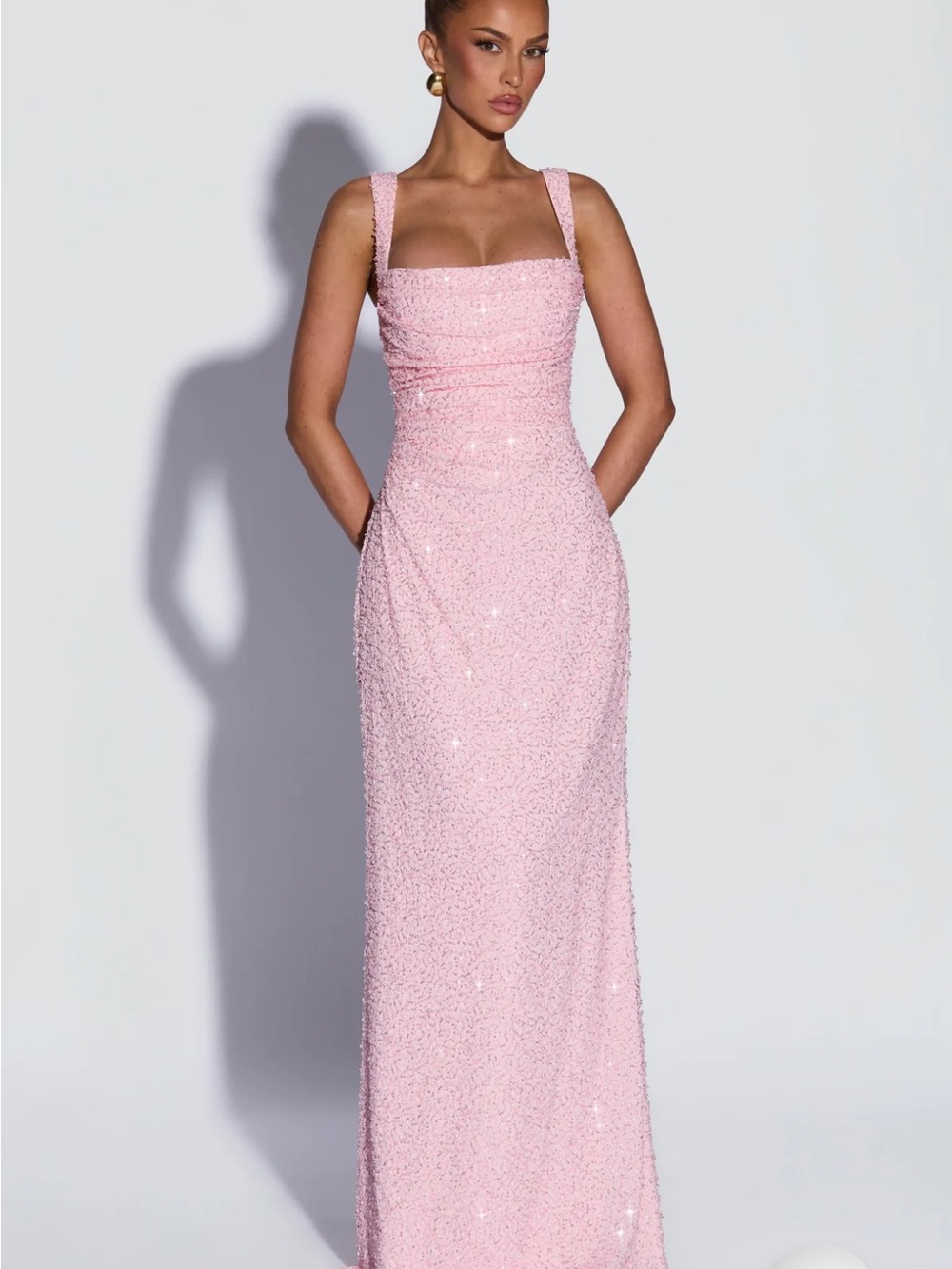 Strap Square-Neck Pink Sequin Prom Gown